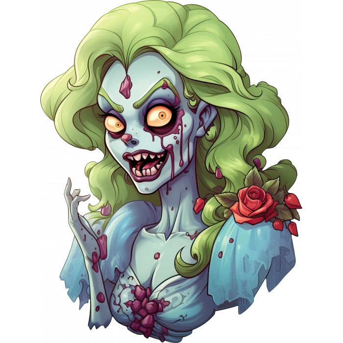 Yeşil Saçlı Gül Detaylı Zombi Kız Duvar Stickerı