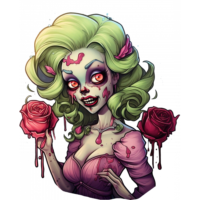 Yeşil Saçlı Pembe Güllü Zombi Kız Duvar Stickerı