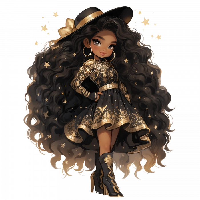 Yıldız Desenli Elbiseli Şapkalı Kovboy Kız Duvar Stickerı