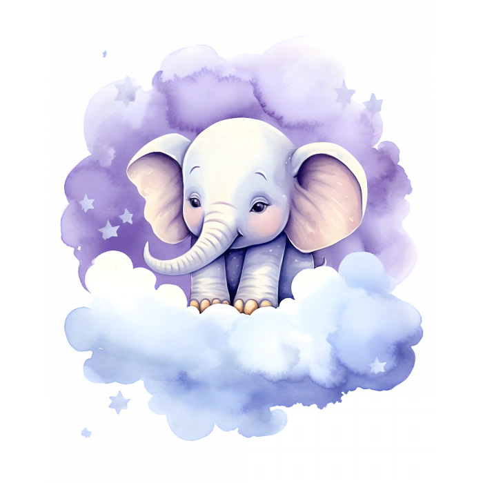 Yıldızlı Bulut Üzerinde Oturan Mor Fil Duvar Çıkartması