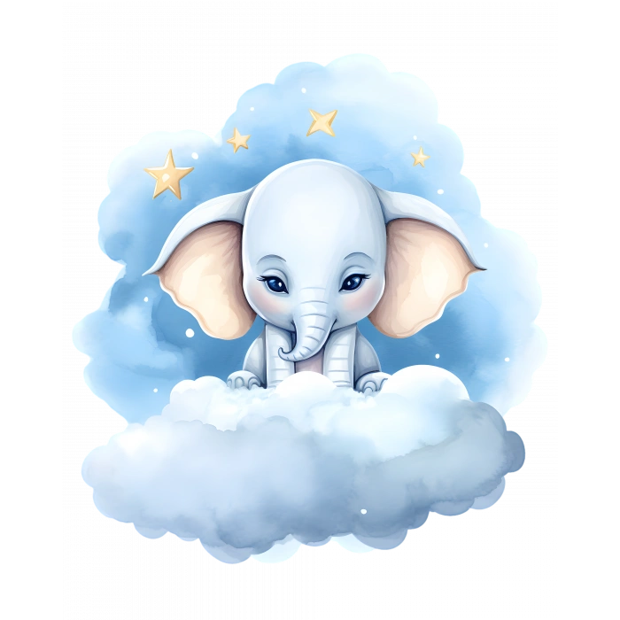 Yıldızlı Mavi Bulut Üzerinde Oturan Sevimli Fil Duvar Çıkartması
