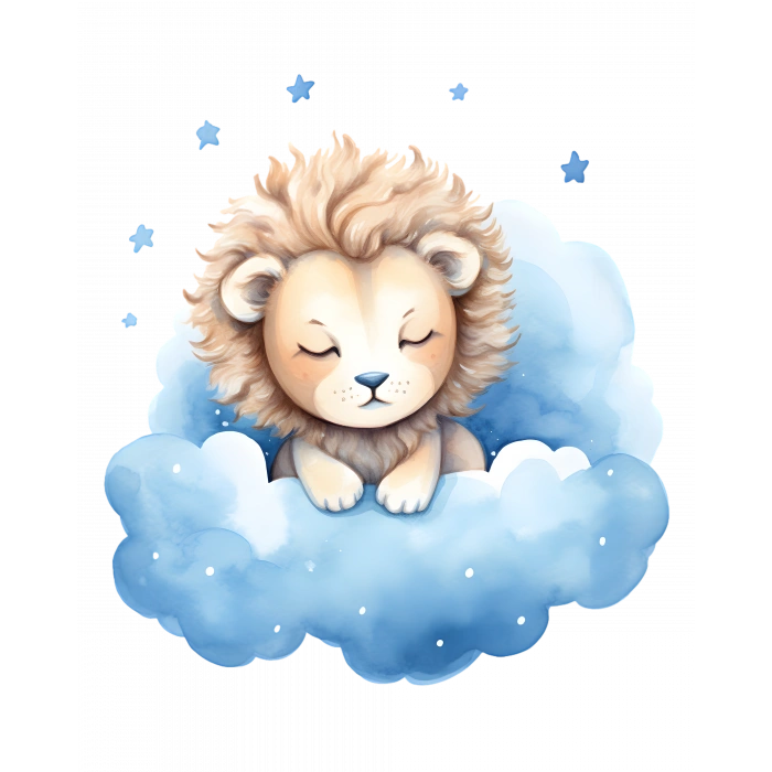 Yıldızlı Mavi Bulut Üzerinde Uyuyan Sevimli Aslan Yavrusu Duvar Çıkartması