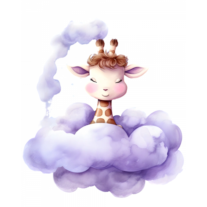 Yıldızlı Mor Bulut Üzerinden Bakan Sevimli Zürafa Duvar Çıkartması