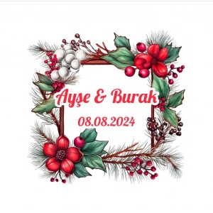 Kırmızı Meyveli Yeşil Çelenk Etiketi Kına Nişan Düğün 3x3 cm özel etiket / 50 adet sticker