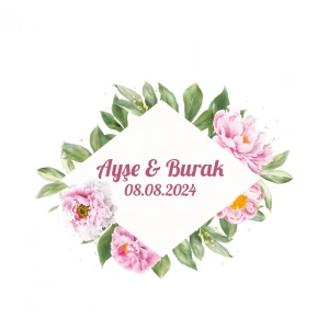 Pembe Şakayık Çerçeveli Etiket Kına Nişan Düğün 3x3 cm özel etiket / 50 adet sticker