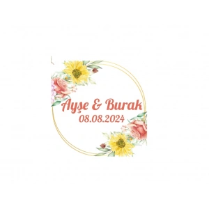 Ayçiçeği ve Güllü Daire Etiket Kına Nişan Düğün 3x3 cm özel etiket / 50 adet sticker