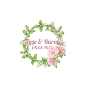 Pembe Mor Gül ve Yapraklı Çelenk Etiketi Kına Nişan Düğün 3x3 cm özel etiket / 50 adet sticker