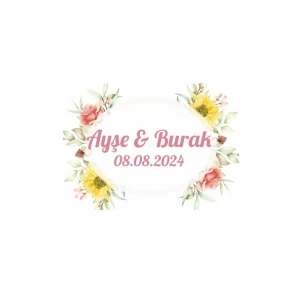 Pembe Zambak ve Yapraklı Oval Etiket Kına Nişan Düğün 3x3 cm özel etiket / 50 adet sticker