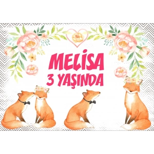 Tilki ve Çiçek Temalı Doğum Günü Afişi - 100x150 Cm