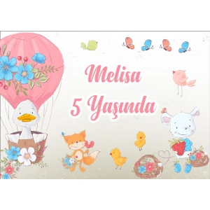 Sevimli Hayvanlar ve Balon Temalı Doğum Günü Afişi - 100x150 Cm