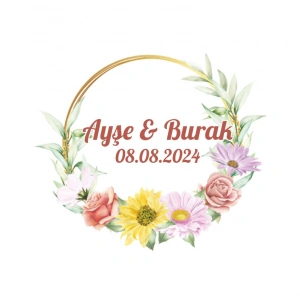 Sade Çiçekli Altın Çelenk Etiketi Kına Nişan Düğün 3x3 cm özel etiket / 50 adet sticker