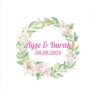 Altın Halkalı Yaprak Çelenk Etiketi Kına Nişan Düğün 3x3 cm özel etiket / 50 adet sticker