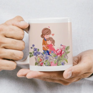 Anneler Günü Kupası - Anne Kız Sarılma ve Çiçekler