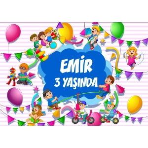 Çocuklar ve Bnalonlar Temalı Doğum Günü Afişi - 100x150 Cm