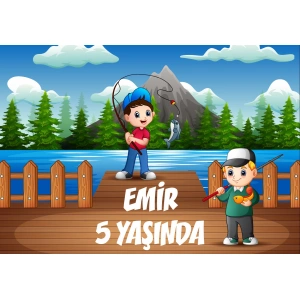 Balık Tutan Çocuklar Doğum Günü Afişi - 100x150 Cm