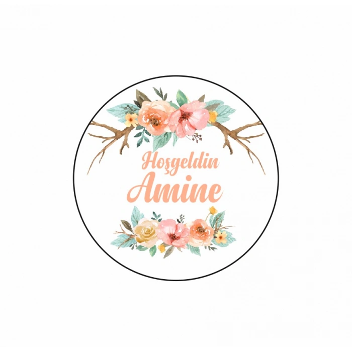 Yuvarlak Dal ve Çiçek Desenli Kına Nişan Düğün 3x3 cm özel etiket / 50 adet sticker