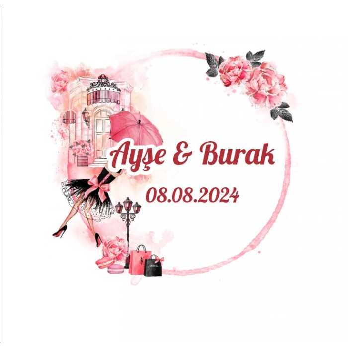Romantik Gül Çelengi Etiketi Kına Nişan Düğün 3x3 cm özel etiket / 50 adet sticker