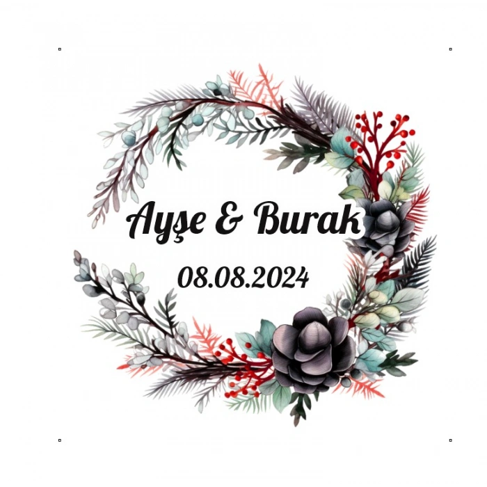 Mavi Kozalaklı Kış Çelengi Etiketi Kına Nişan Düğün 3x3 cm özel etiket / 50 adet sticker