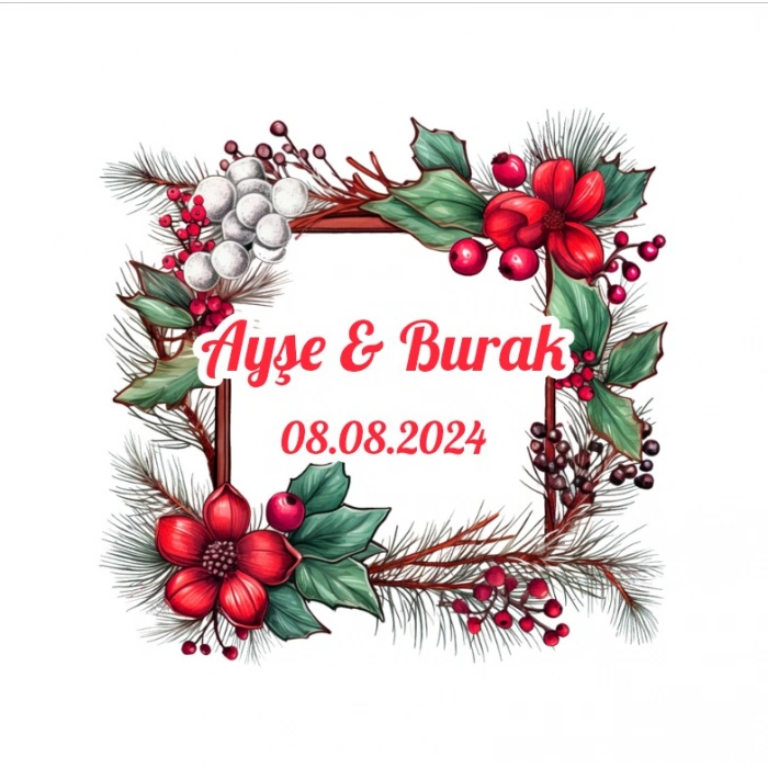 Kırmızı Meyveli Yeşil Çelenk Etiketi Kına Nişan Düğün 3x3 cm özel etiket / 50 adet sticker