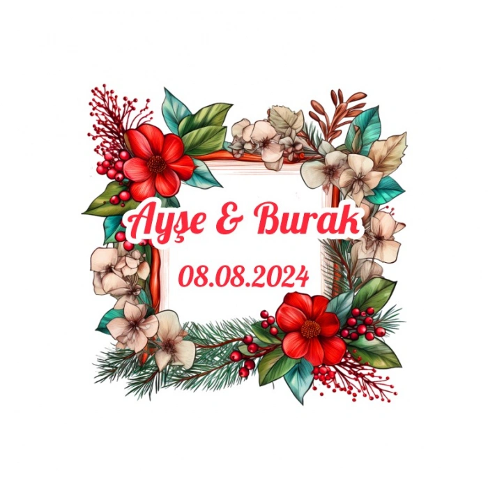 Kırmızı ve Beyaz Meyveli Çerçeve Etiketi Kına Nişan Düğün 3x3 cm özel etiket / 50 adet sticker