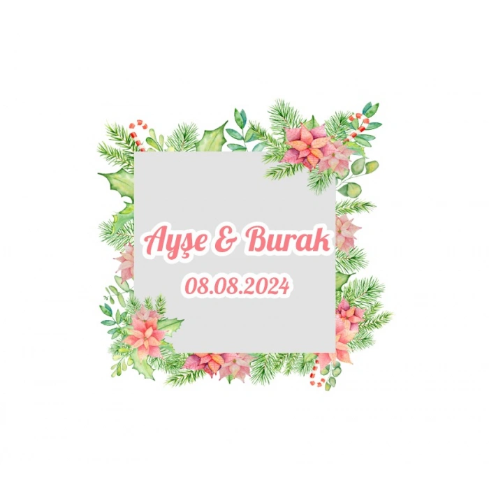 Yuvarlak Çiçekli Kış Çelengi Etiketi Kına Nişan Düğün 3x3 cm özel etiket / 50 adet sticker