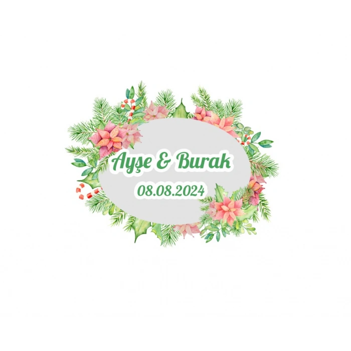 Yılbaşı Temalı Oval Çelenk Etiketi Kına Nişan Düğün 3x3 cm özel etiket / 50 adet sticker