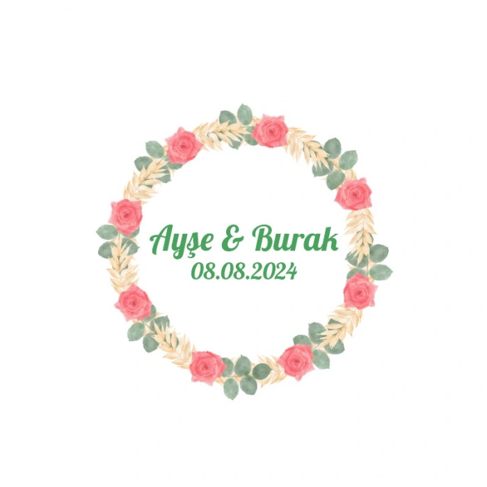 Şeftali Rengi Güllü Çelenk Etiketi Kına Nişan Düğün 3x3 cm özel etiket / 50 adet sticker