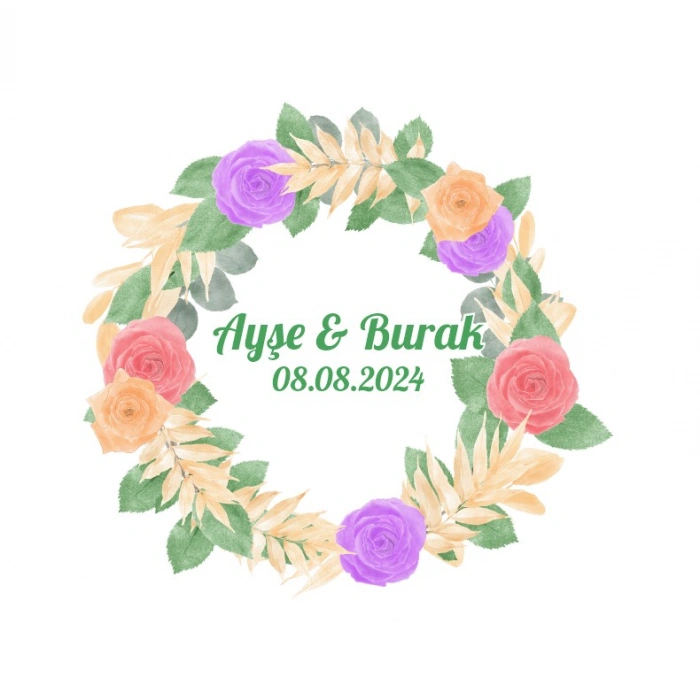 Pembe Güllü Yaprak Çelenk Etiketi Kına Nişan Düğün 3x3 cm özel etiket / 50 adet sticker