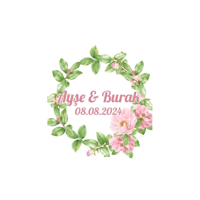 Pembe Mor Gül ve Yapraklı Çelenk Etiketi Kına Nişan Düğün 3x3 cm özel etiket / 50 adet sticker