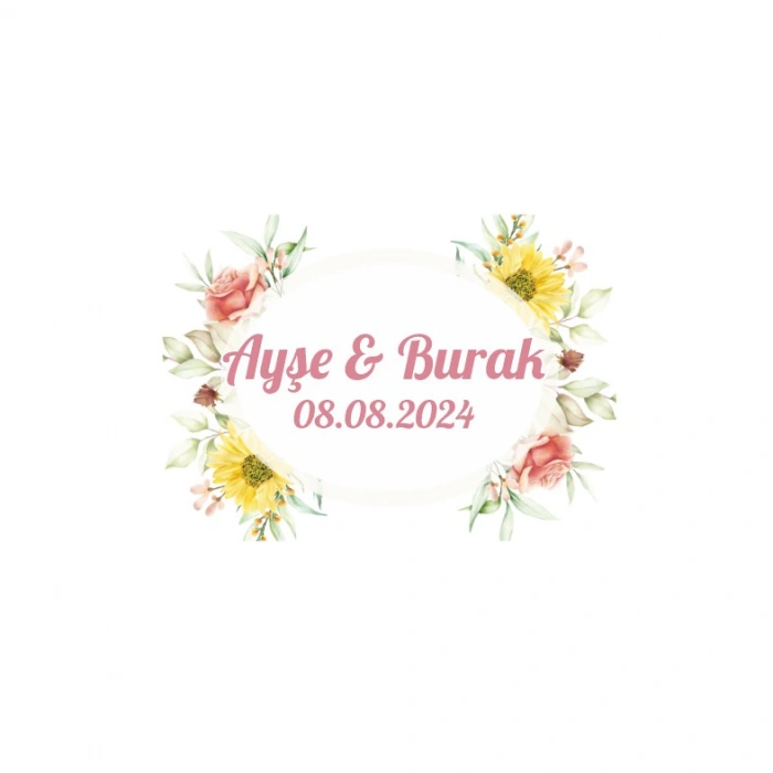 Pembe Zambak ve Yapraklı Oval Etiket Kına Nişan Düğün 3x3 cm özel etiket / 50 adet sticker