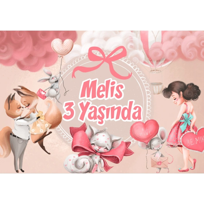 Pembe Kalp Temalı Doğum Günü Afişi - 100x150 Cm