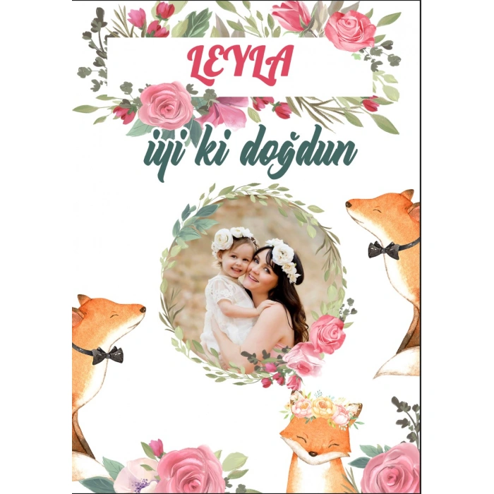 Çiçekler ve Tilki Temalı Doğum Günü Afişi - 100x150 Cm