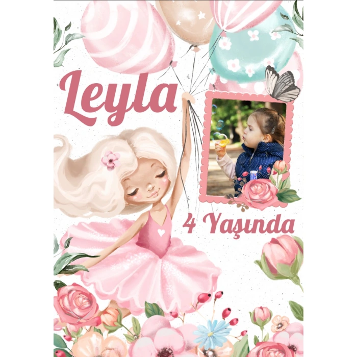 Balerin ve Balonlar Temalı Doğum Günü Afişi - 100x150 Cm