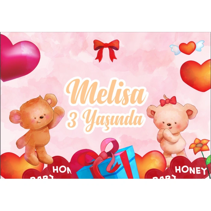 Kalpli Sevimli Ayıcıklar Temalı Doğum Günü Afişi - 100x150 Cm