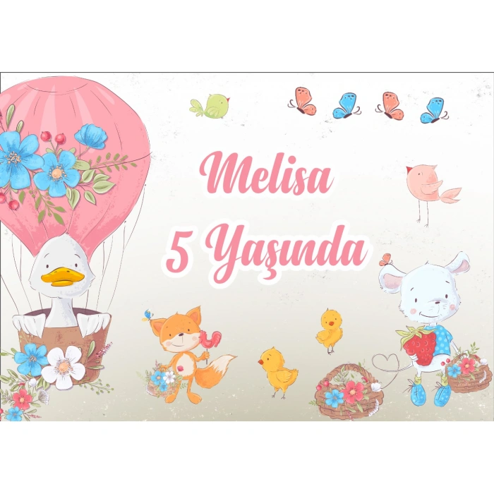 Sevimli Hayvanlar ve Balon Temalı Doğum Günü Afişi - 100x150 Cm
