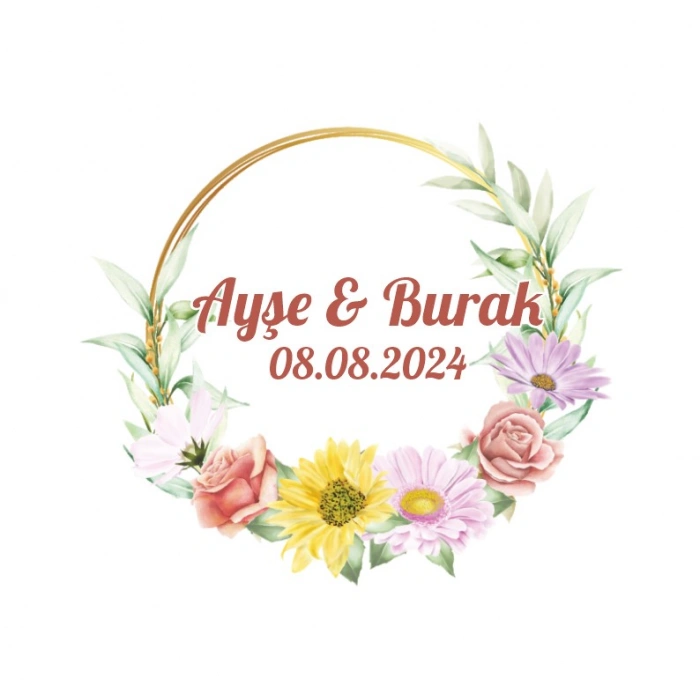 Sade Çiçekli Altın Çelenk Etiketi Kına Nişan Düğün 3x3 cm özel etiket / 50 adet sticker