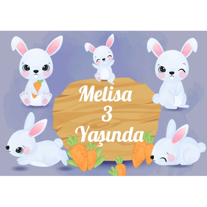Sevimli Tavşan Temalı Doğıum Günü Afişi - 100x150 Cm