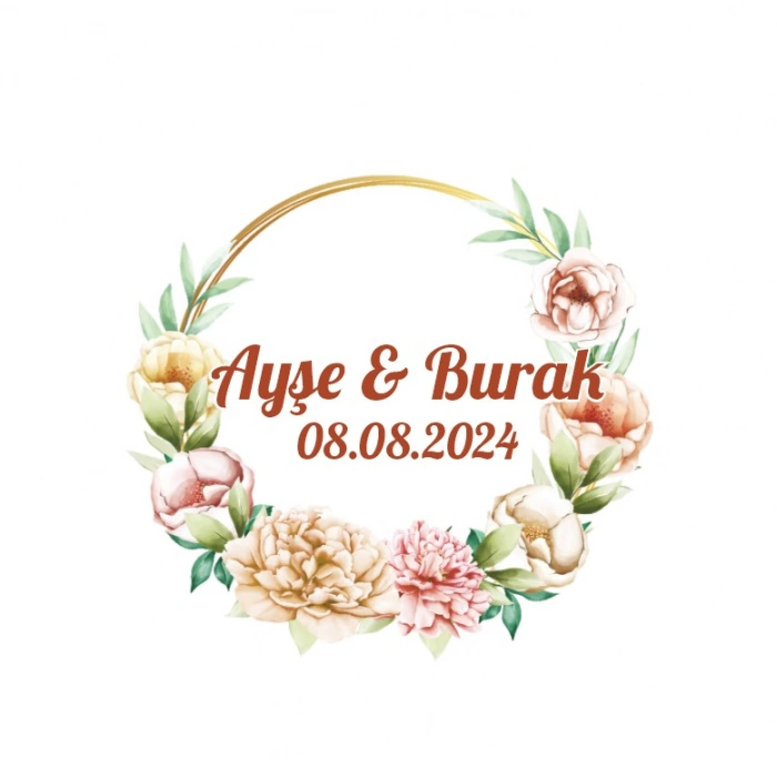 Yuvarlak Altın Yapraklı Çelenk Etiketi Kına Nişan Düğün 3x3 cm özel etiket / 50 adet sticker