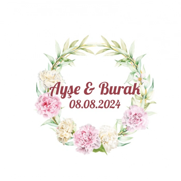 Basit Yapraklı Yuvarlak Çelenk Etiketi Kına Nişan Düğün 3x3 cm özel etiket / 50 adet sticker