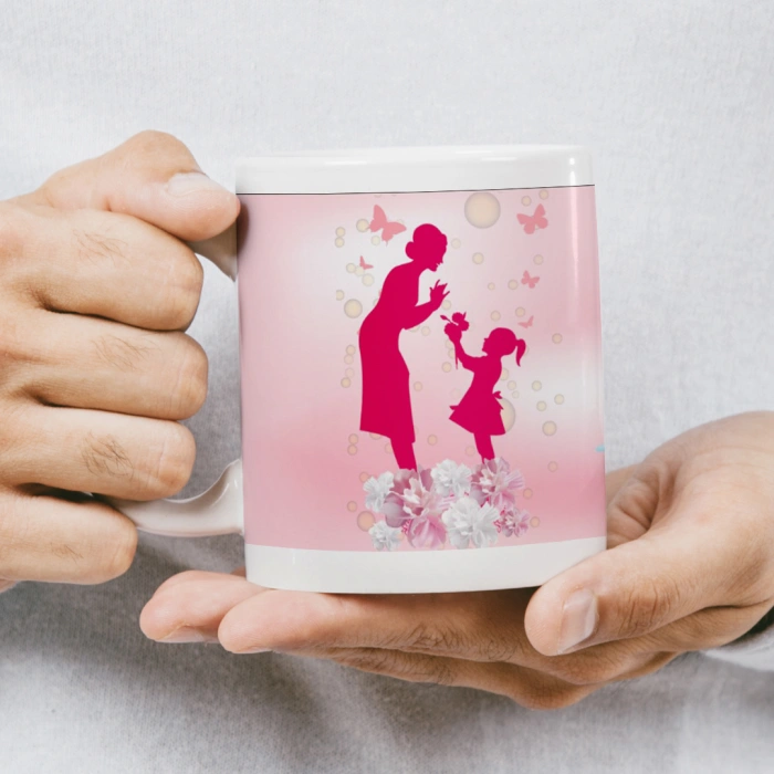 Anneler Günü Kupası - Anne Kız Kelebek ve Çiçek Silüetleri