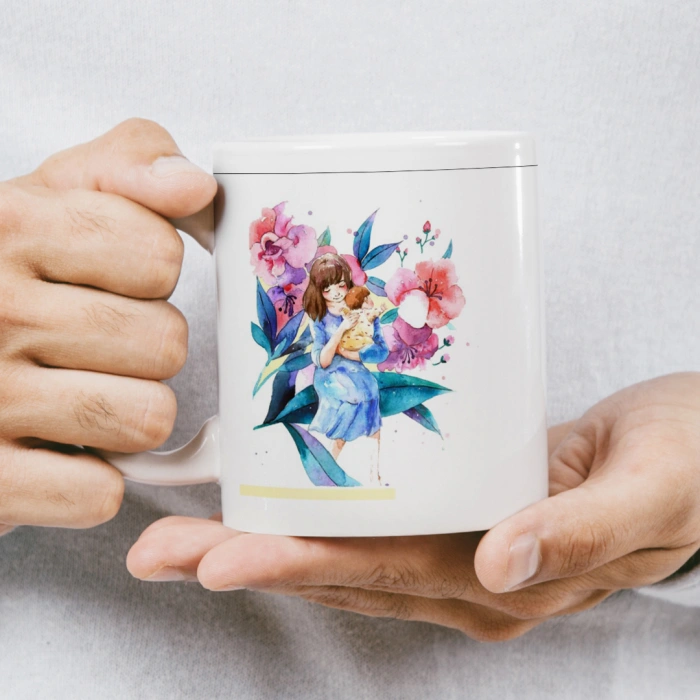 Anneler Günü Kupası - Bebek Tutan Anne ve Çiçekler