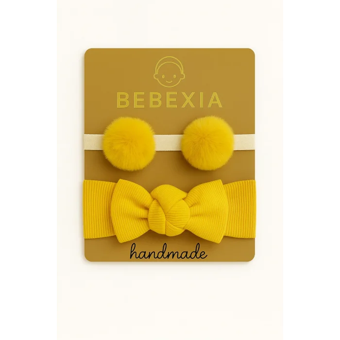 Bebexia 2’li Premium Bebek Saç Bandı Seti (0-3 Yaş) | Ponpon & Kaşkorse Bandana