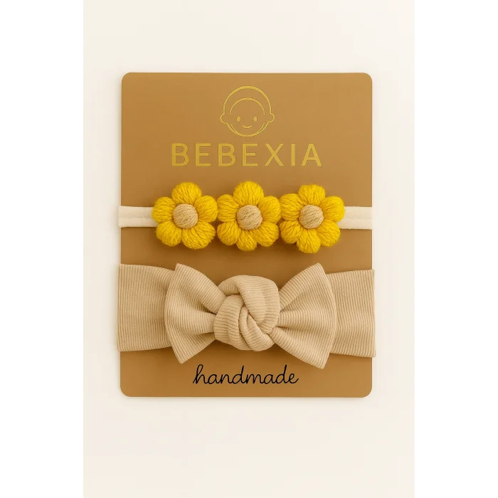 Bebexia Premium 3’lü Papatyalı Bandana Seti (0-3 Yaş) | %100 Pamuk & Elasten | Kız Bebek Saç Bandı