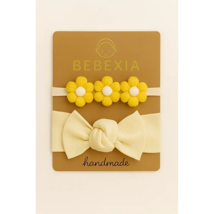 Bebexia Premium 3’lü Papatyalı Bandana Seti (0-3 Yaş) | %100 Pamuk & Elasten | Kız Bebek Saç Bandı