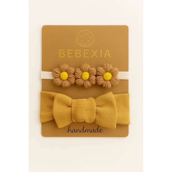 Bebexia Premium 3’lü Papatyalı Bandana Seti (0-3 Yaş) | %100 Pamuk & Elasten | Kız Bebek Saç Bandı