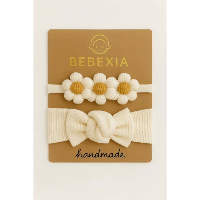 Bebexia Premium 3’lü Papatyalı Bandana Seti (0-3 Yaş) | %100 Pamuk & Elasten | Kız Bebek Saç Bandı