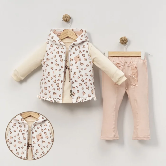 KIZ 9-12-18 AY KALPLİ YELEKLİ 3LÜ TAKIM PUDRA