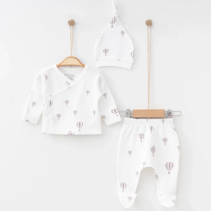 UNISEX 0-3 AY BALON BASKILI WAFFLE 3LÜ SET