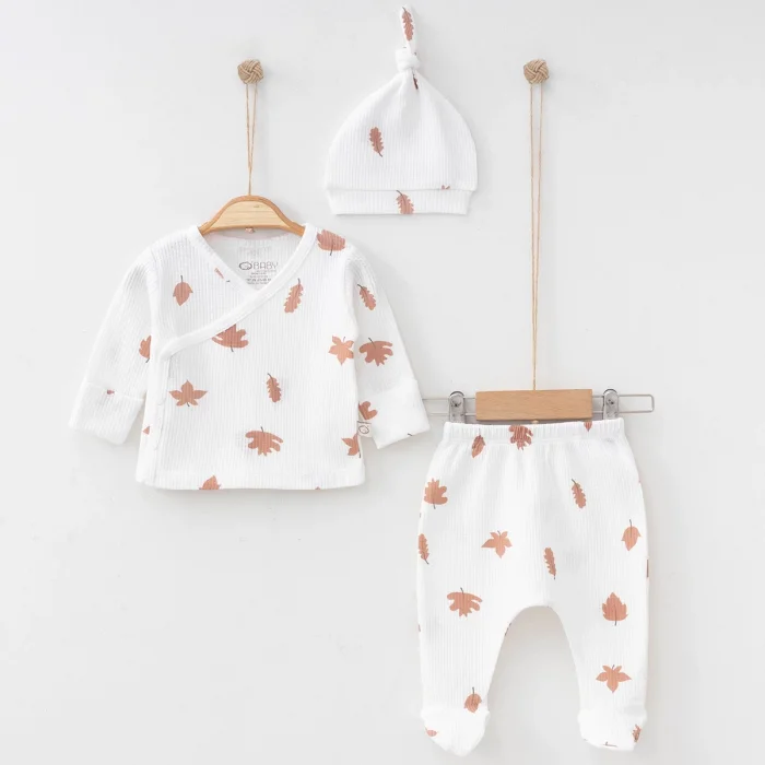 UNISEX 0-3 AY YAPRAK BASKILI WAFFLE 3LÜ SET