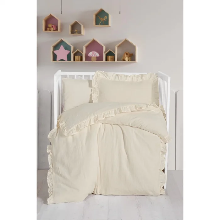 UNISEX FIRFIRLI 2 KAT MÜSLİN NEVRESİM TAKIMI KREM